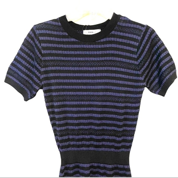 NWT Zara Knit Stretch Blue Black Knit Stripe Dress Size Small - Picture 5 of 12
